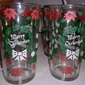 4 vintage Christmas glass tumblers Hazel Atlas Merry Christmas Mid-century glass